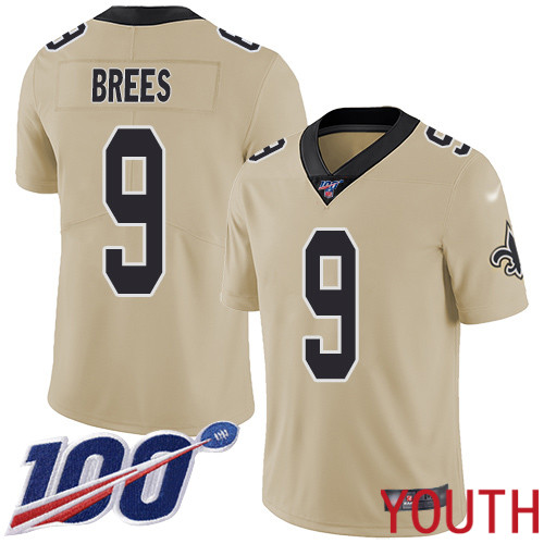 New Orleans Saints Limited Gold Youth Drew Brees Jersey NFL Football #9 100th Season Inverted Legend Jersey->youth nfl jersey->Youth Jersey
